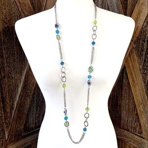Silver Tone Long Chain Necklace 43" Glass Beads Blue Green O-Rings Boho Artsy